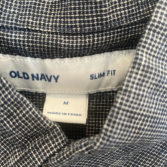 Old Navy Mens Size Medium Navy Blue White Cotton Linen Short Sleeve Slim Shirt - Picture 2 of 5